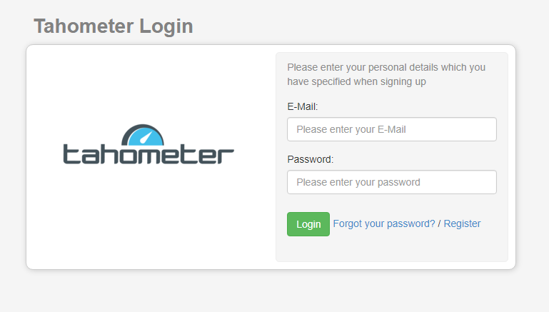 Tahometer login form with email and password fields, featuring the Tahometer logo.