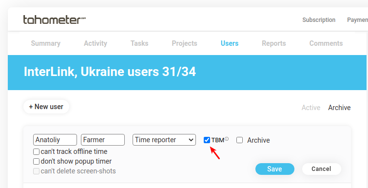 User management interface showing settings for an Anatoliy account with TBM role selected and save/cancel buttons.