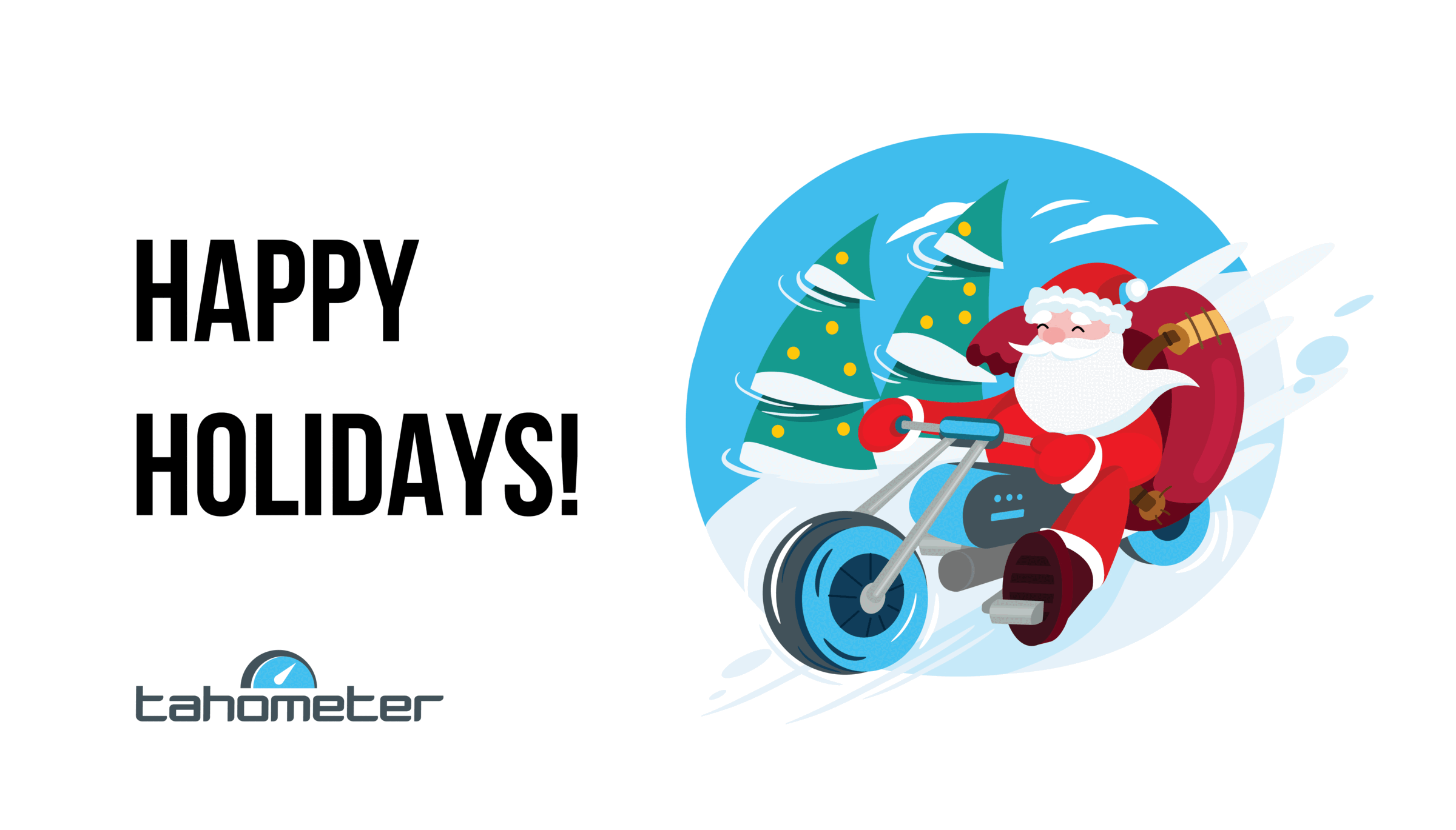 Santa riding a blue motorcycle with Christmas trees in snowy background.