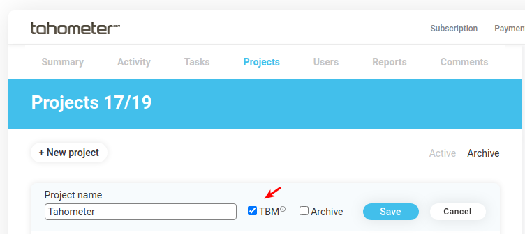 Project creation form with "Tahometer" name field and TBM checkbox selected.