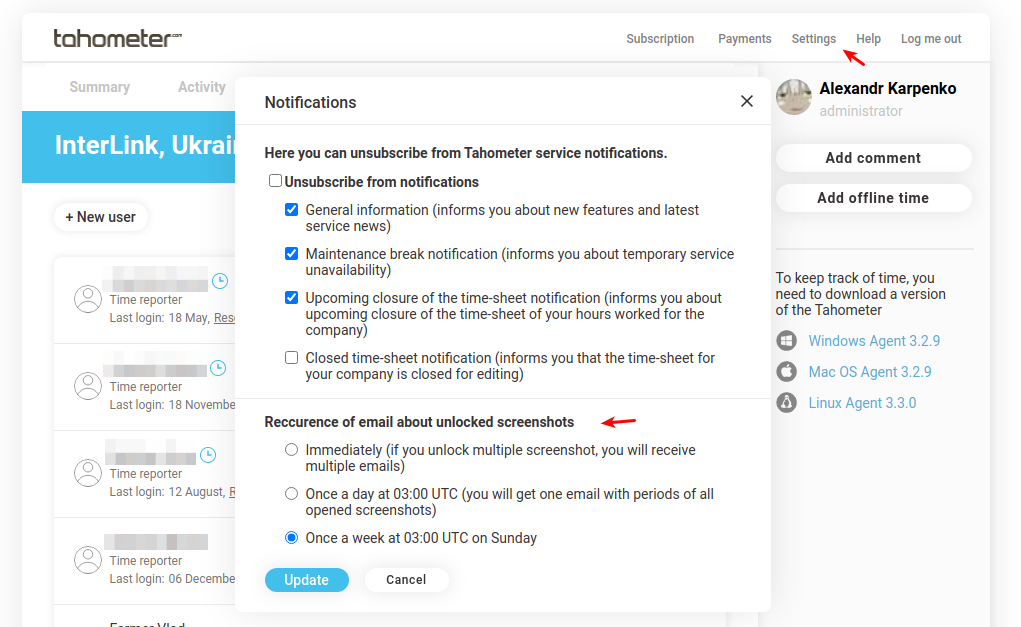 Tahometer notifications settings panel with email preference options for unlocked screenshots.