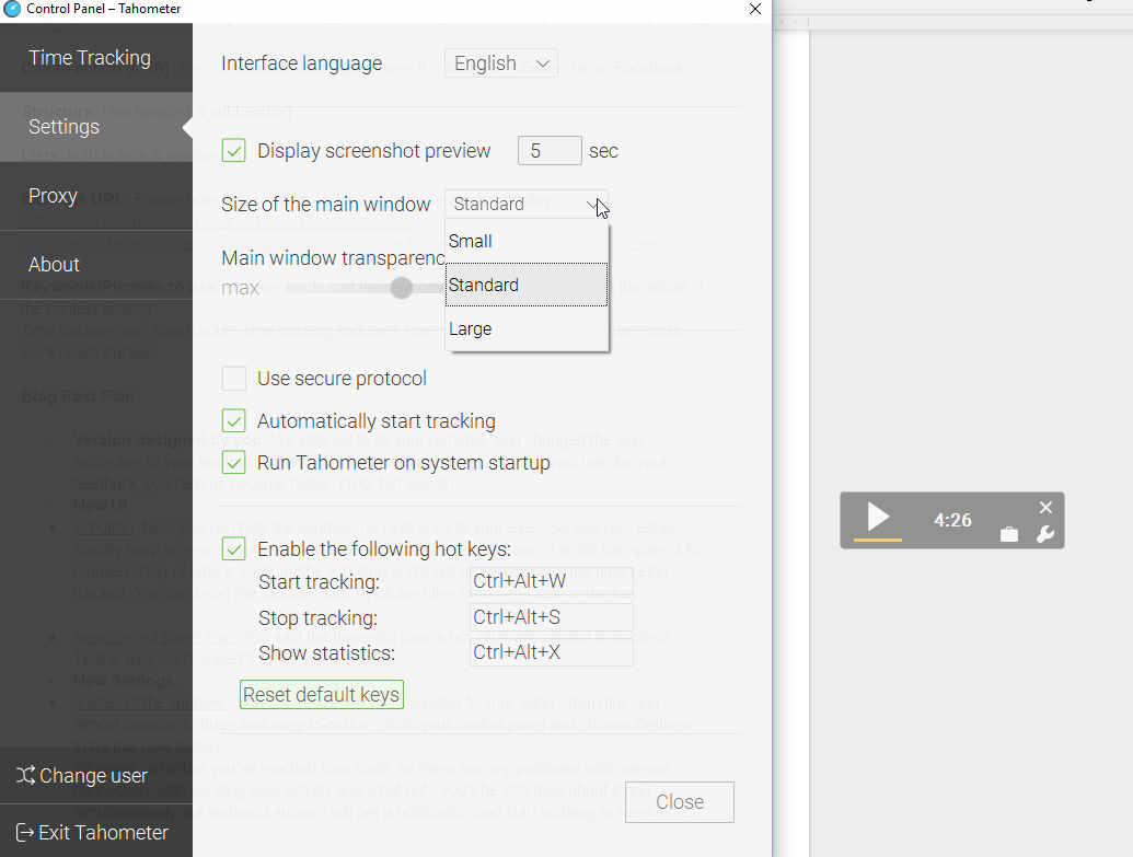 Tahometer Control Panel settings window showing interface language, window size options, and keyboard shortcuts for time tracking features.