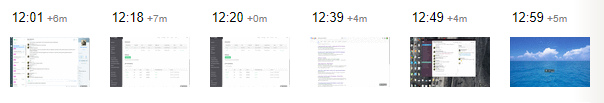 Timeline showing six screenshots of a screen recording between 12:01 and 12:59, displaying application windows and a blue sky photo.