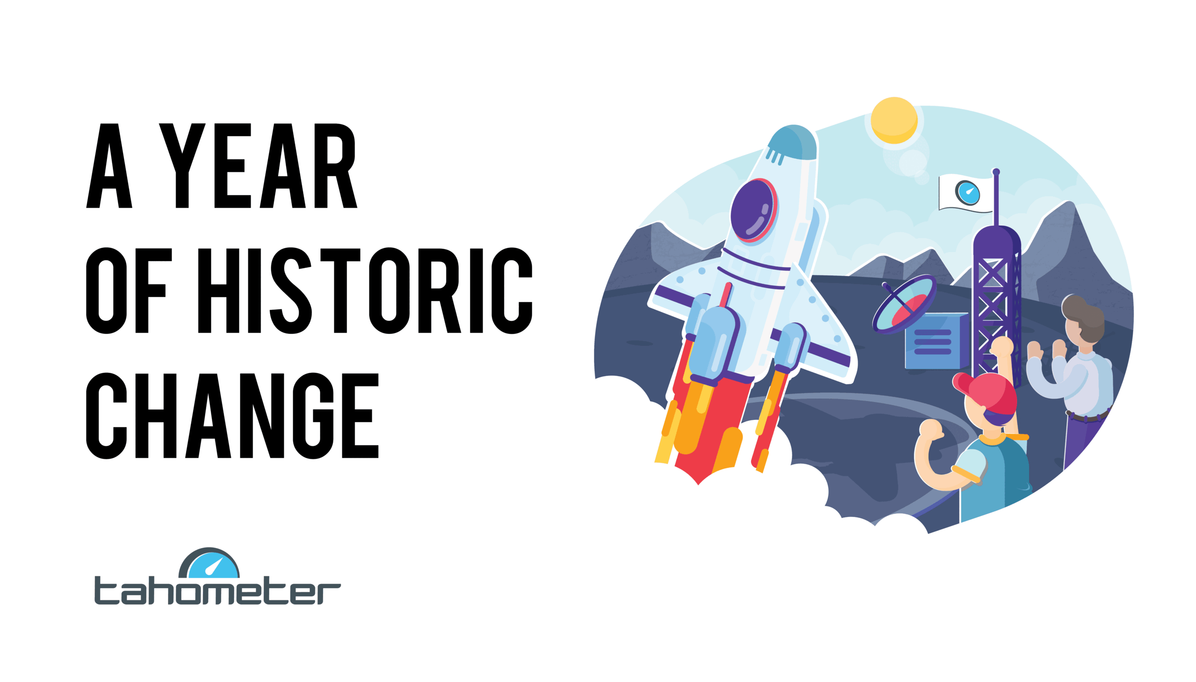 A rocket launching with people and a mission flag symbolizing historic change and innovation.