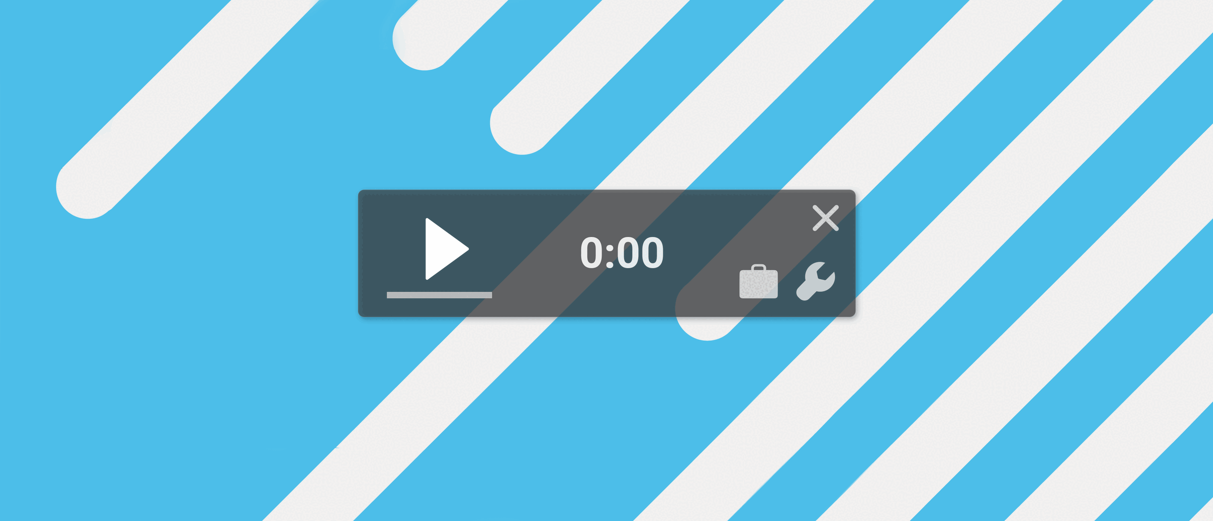 Video player controls showing play button, timeline, 0:00 timestamp, and settings icons on striped background.