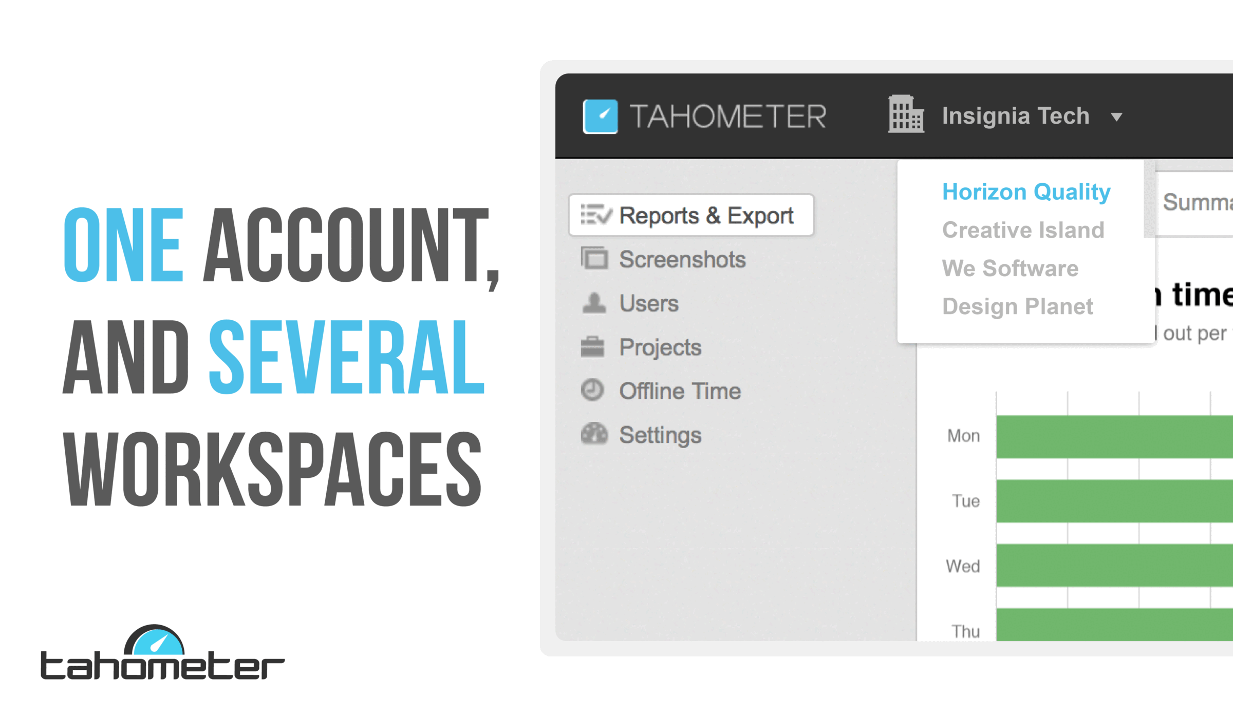Tahometer interface showing one account with multiple workspaces and time tracking dashboard with daily hours.