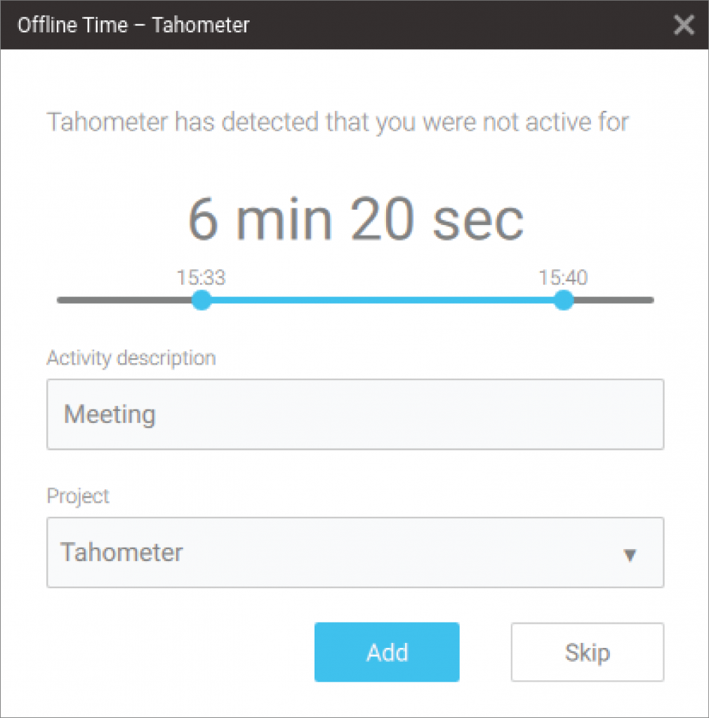 Tahometer offline time dialog showing 6 minutes 20 seconds inactivity from 15:33 to 15:40 for a Meeting project.