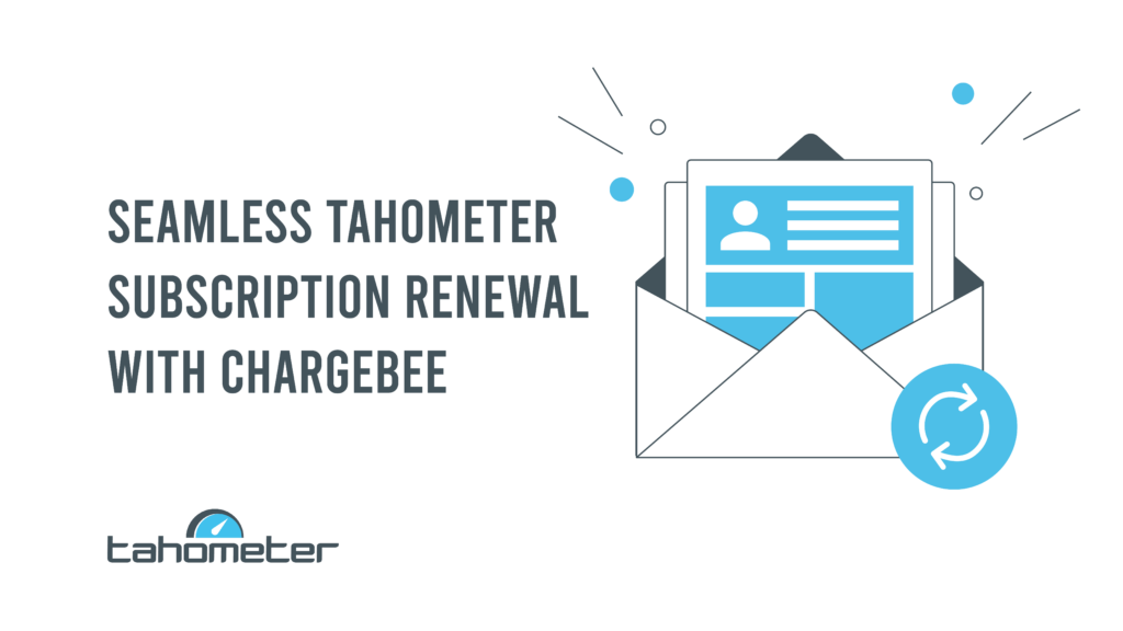 Illustration of email envelope with user profile card and renewal icon showing Tahometer subscription management.