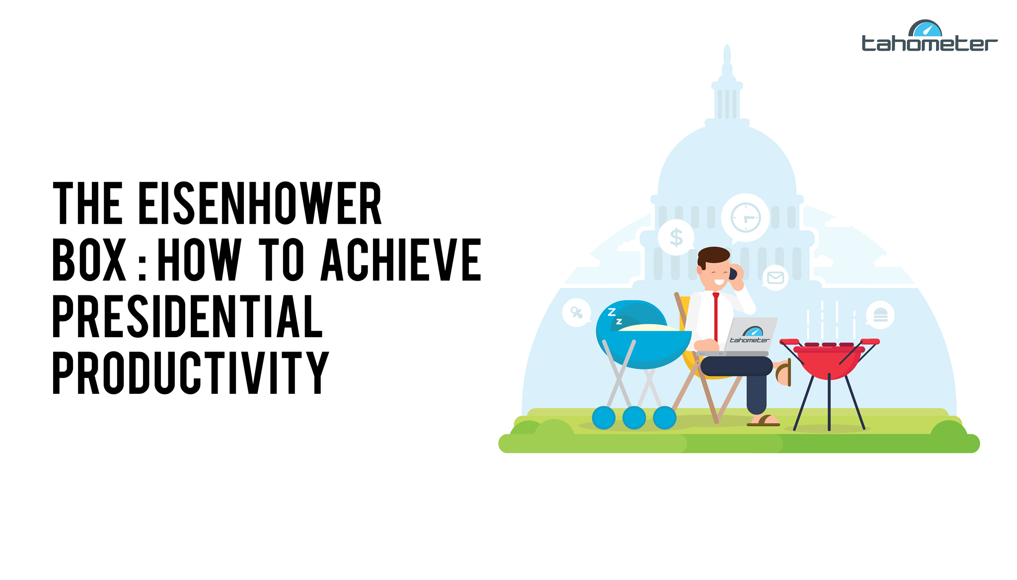 Businessman working at desk with Capitol building, productivity tools, and sleep symbol representing work-life balance.