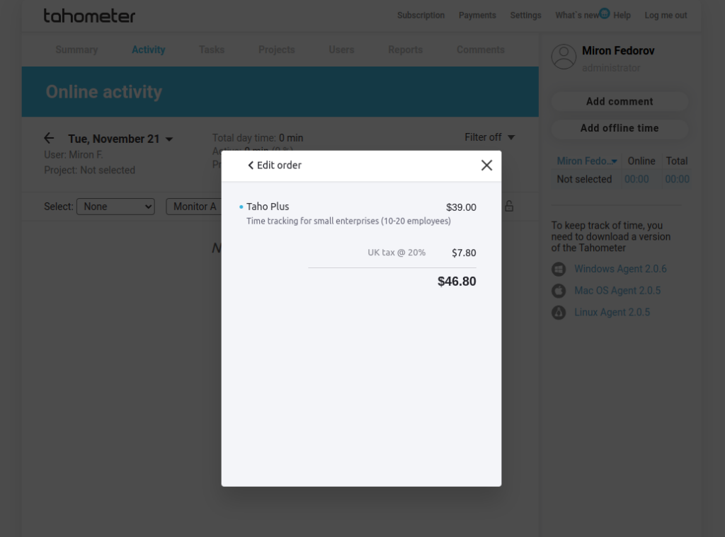 Edit order dialog showing Taho Plus subscription at $39.00 with UK tax and total of $46.80.