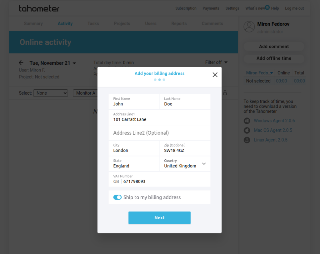 Billing address form with fields for name, address, city, zip code, state, country, and VAT number.