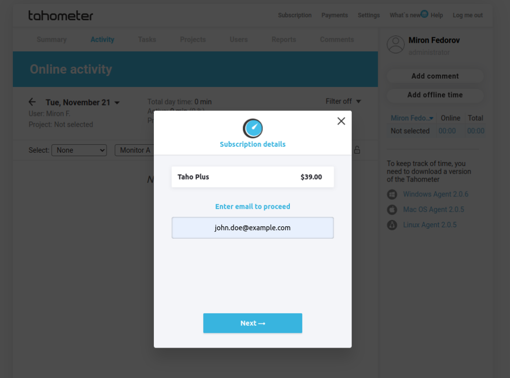 Subscription details modal for Taho Plus at $39.00 with email input field and Next button.