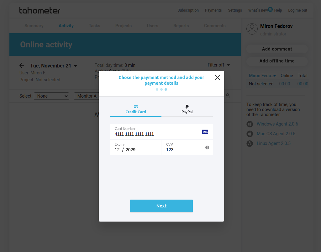 Payment method selection dialog showing credit card details entry form with card number, expiry date, and CVV fields.