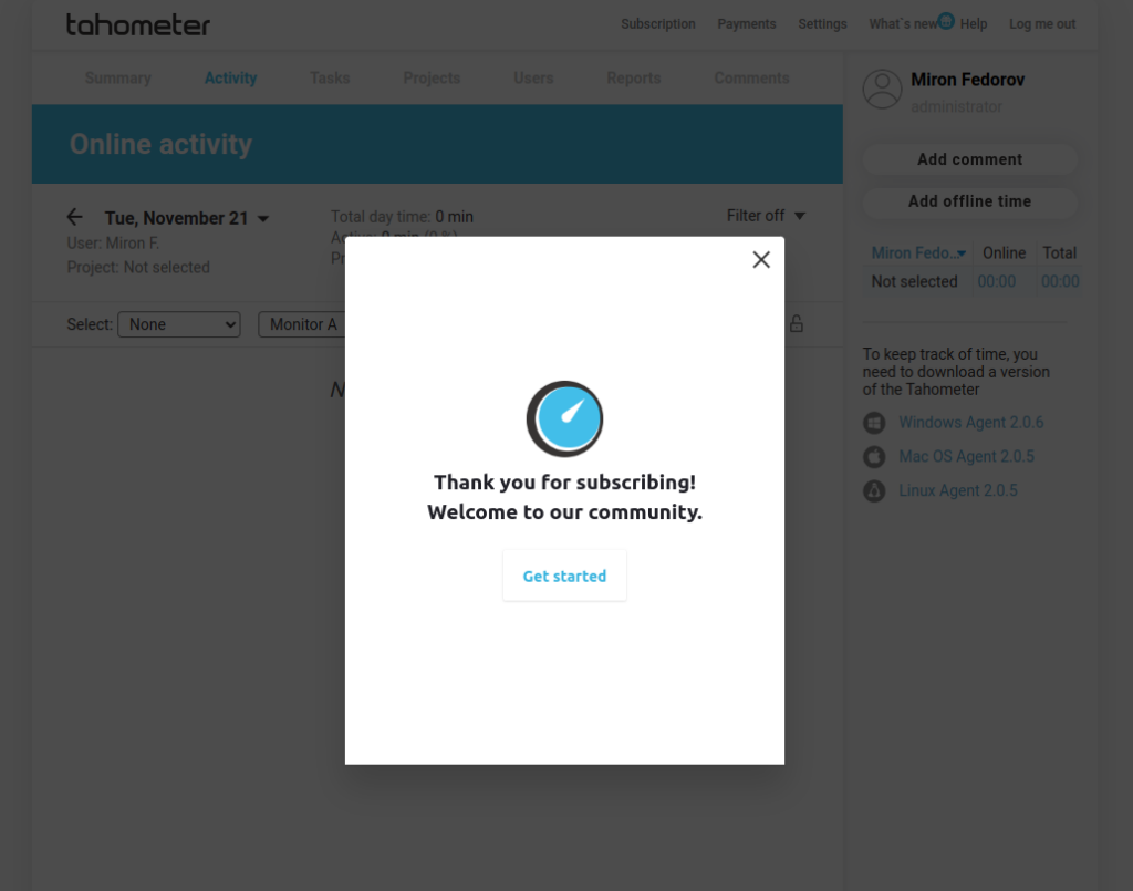 Subscription confirmation modal dialog thanking user for subscribing to Tahometer time tracking service.