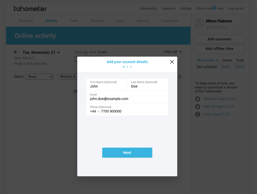 Modal dialog prompting user to add account details with fields for name, email, and phone number.
