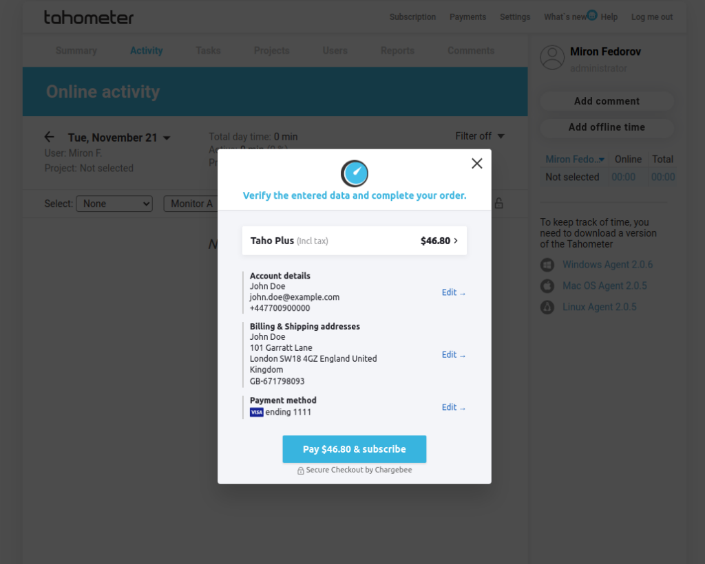 Payment confirmation dialog for Taho Plus subscription showing account details, billing address, and payment method.