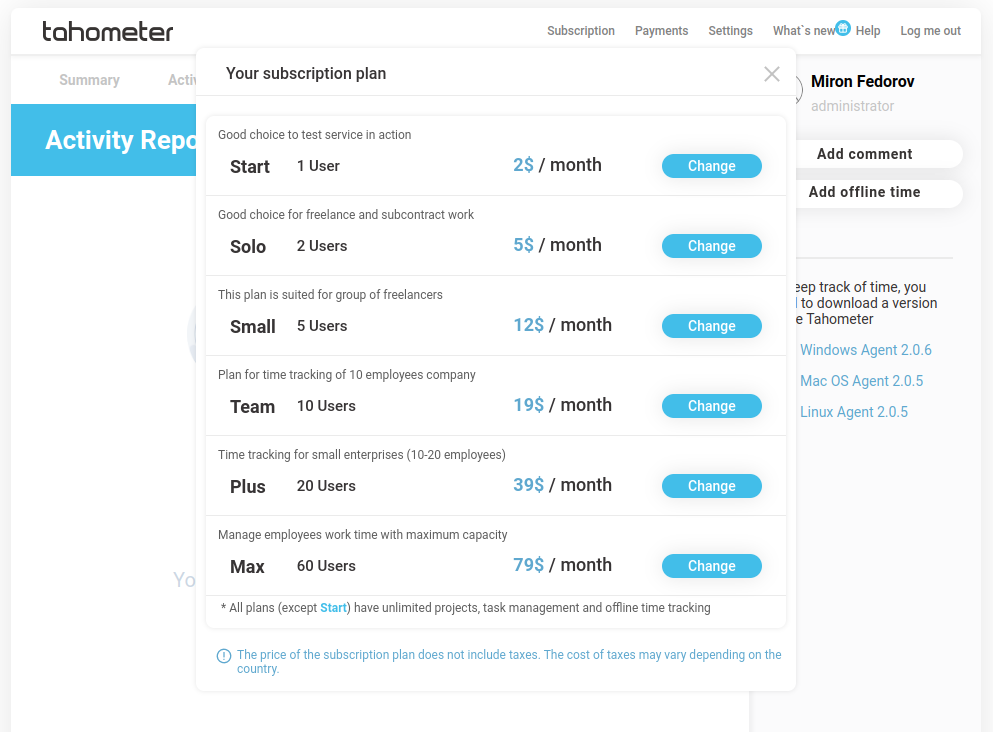 Tahometer subscription plans ranging from $2 to $79 monthly for 1 to 60 users.