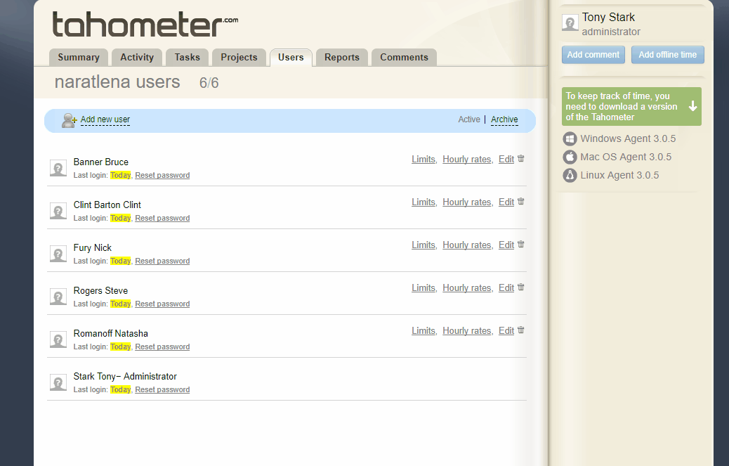 Tahometer user management interface showing 6 registered users with login status and admin controls.