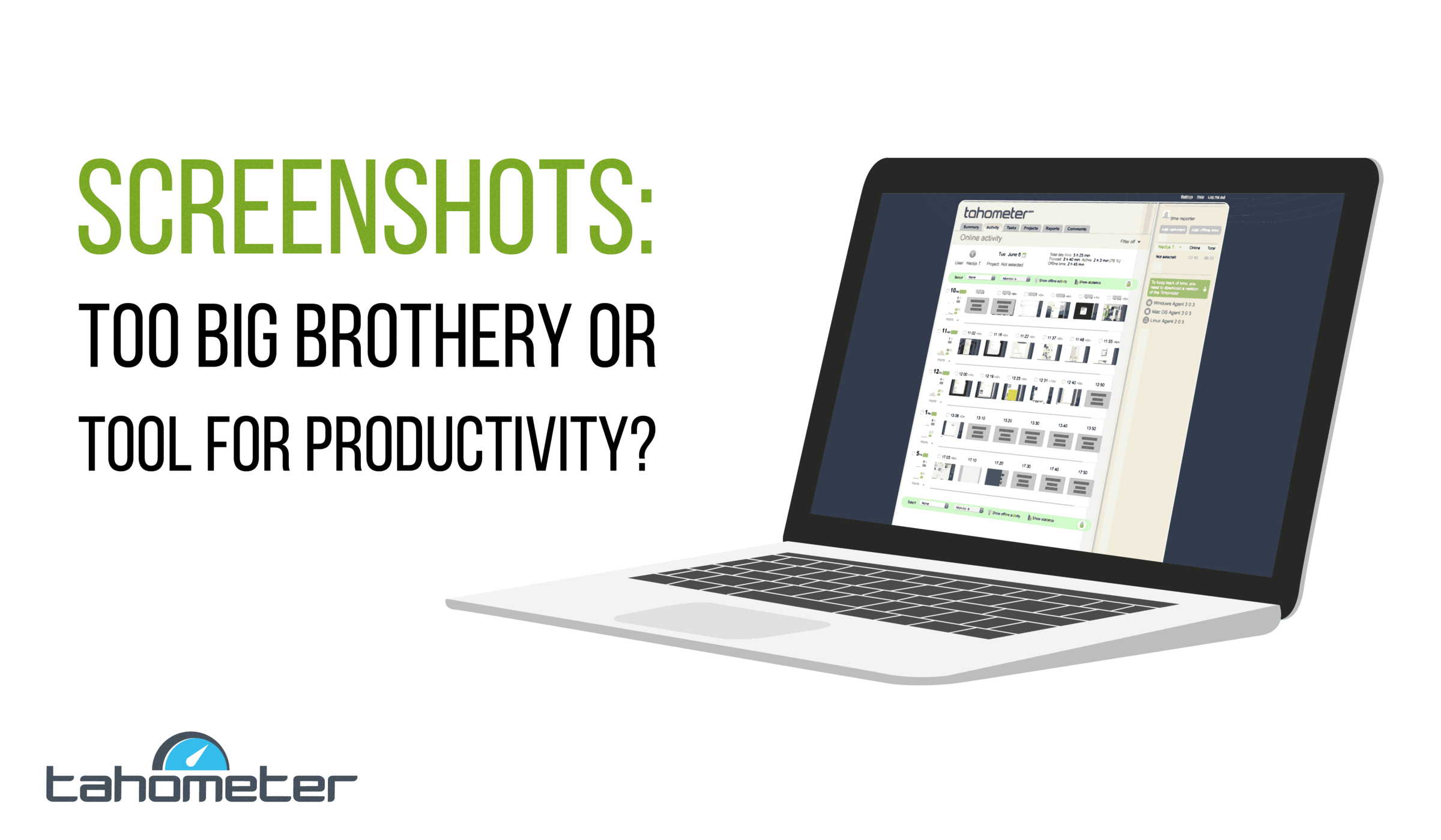 Laptop displaying Tahometer interface with text asking if screenshots are too invasive for productivity monitoring.