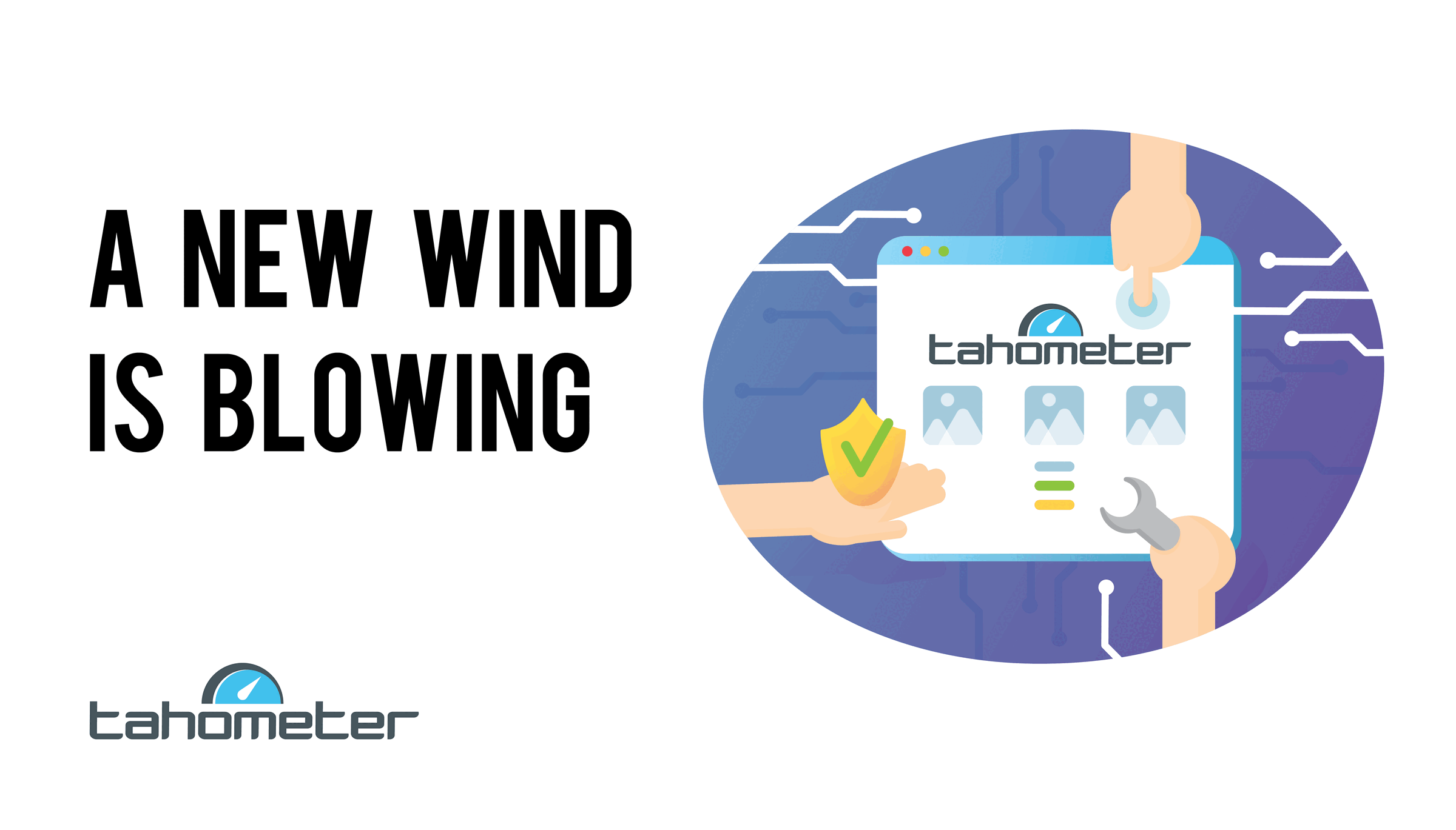 Tahometer platform interface with security shield and tools, representing new updates or features.