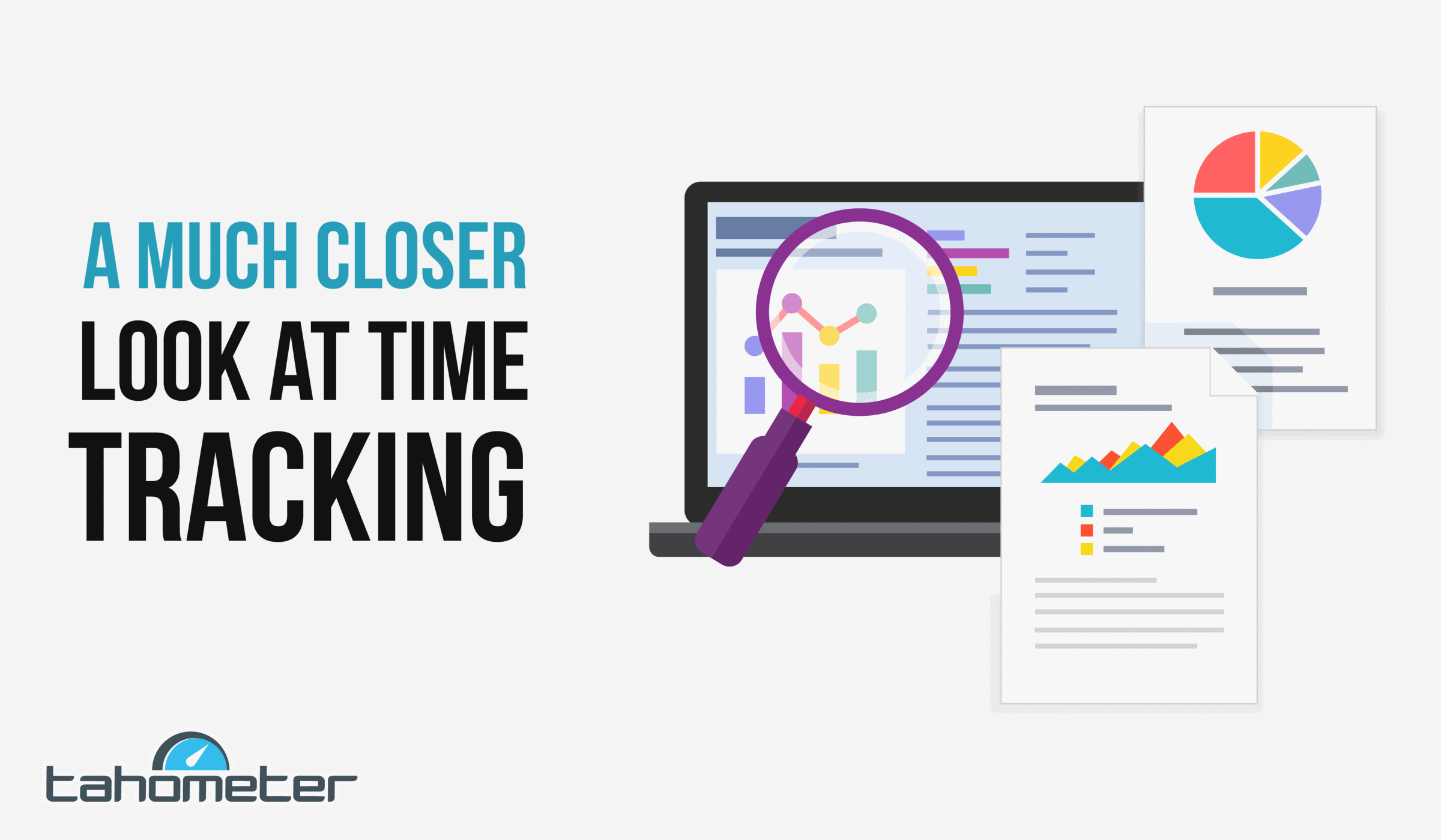Time tracking analytics dashboard with magnifying glass examining charts and graphs on computer screen.