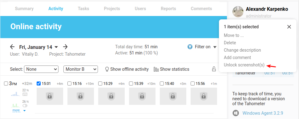 Online activity timeline showing user work sessions on Tahometer project for January 14, with time tracking details.