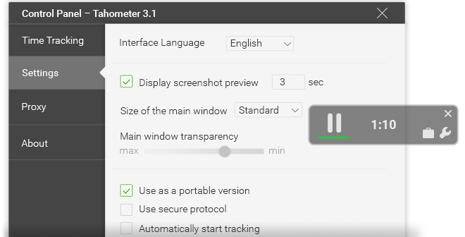 Settings panel for Tahometer 3.1 with language, display, and window configuration options.