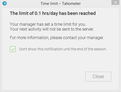 Time limit warning dialog showing that the 0.1 hrs/day usage limit has been reached.