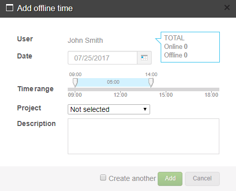 Dialog box for adding offline time with user, date, time range, project, and description fields.