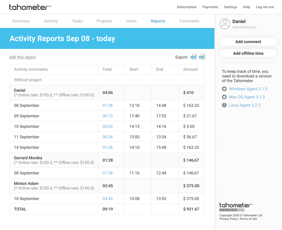 Tahometer Activity Reports screen