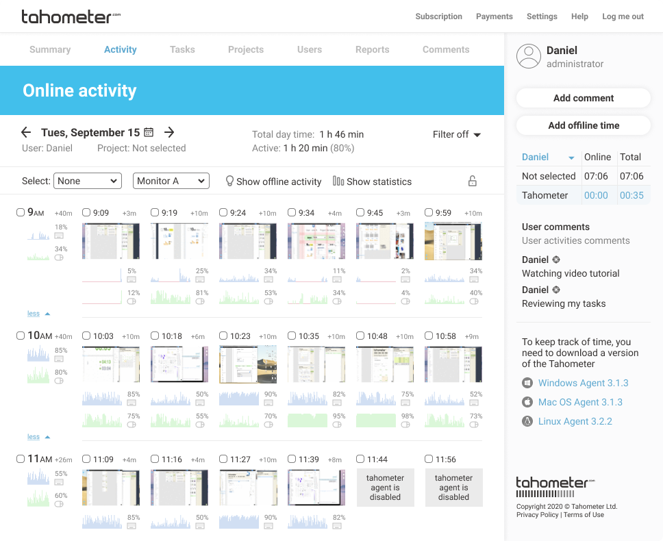 Tahometer Online Activity screen