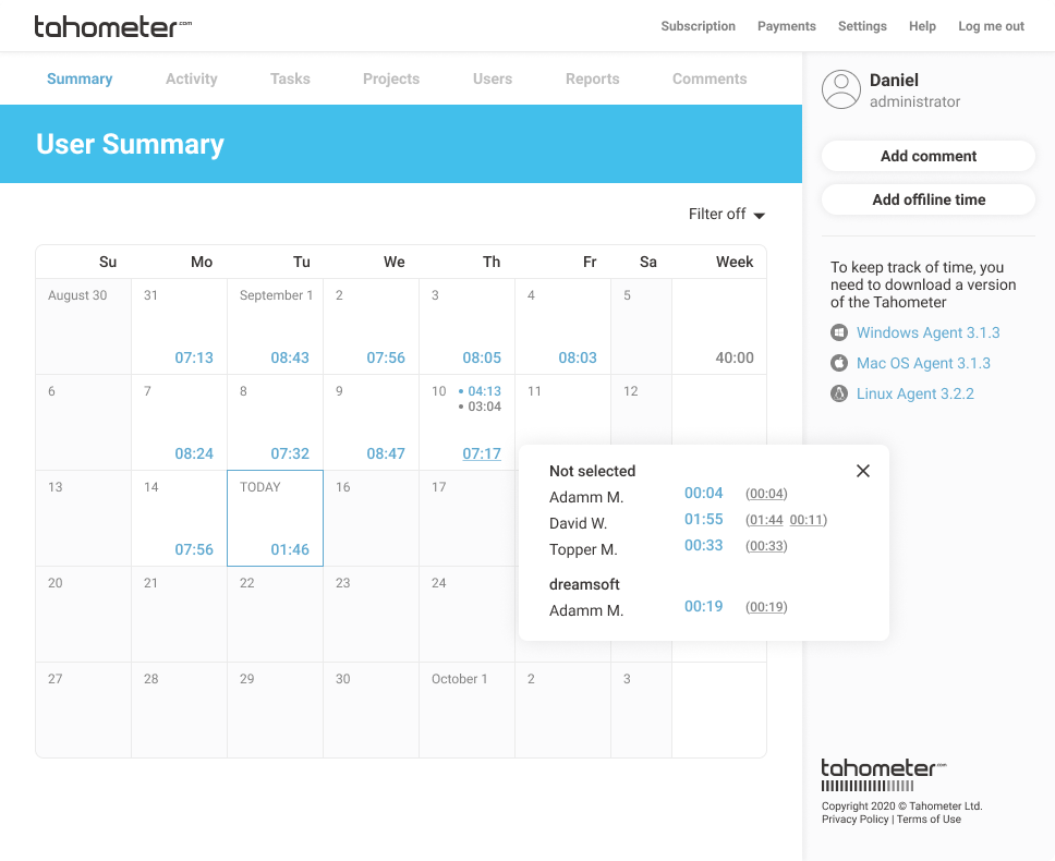 Tahometer User Summary screen