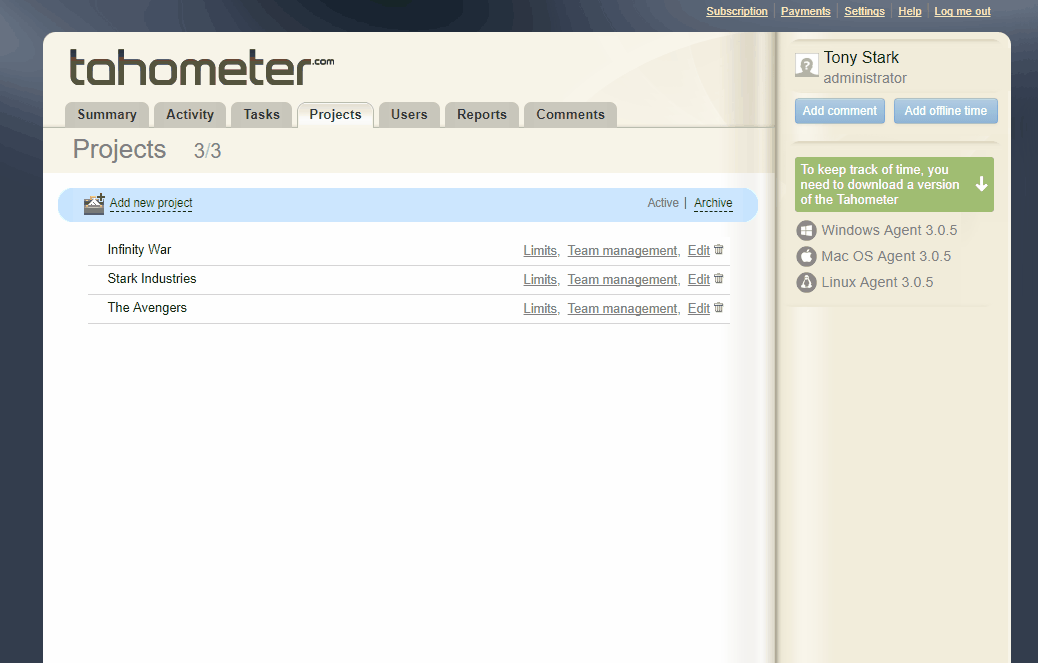 Tahometer project management dashboard showing three active projects: Infinity War, Stark Industries, and The Avengers.