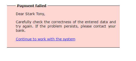 Payment failed error message addressed to Stark Tony with instructions to check data and contact bank.