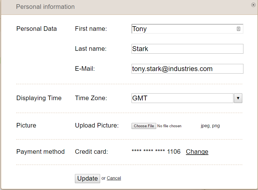 Personal information form with fields for name, email, timezone, picture upload, and credit card details.