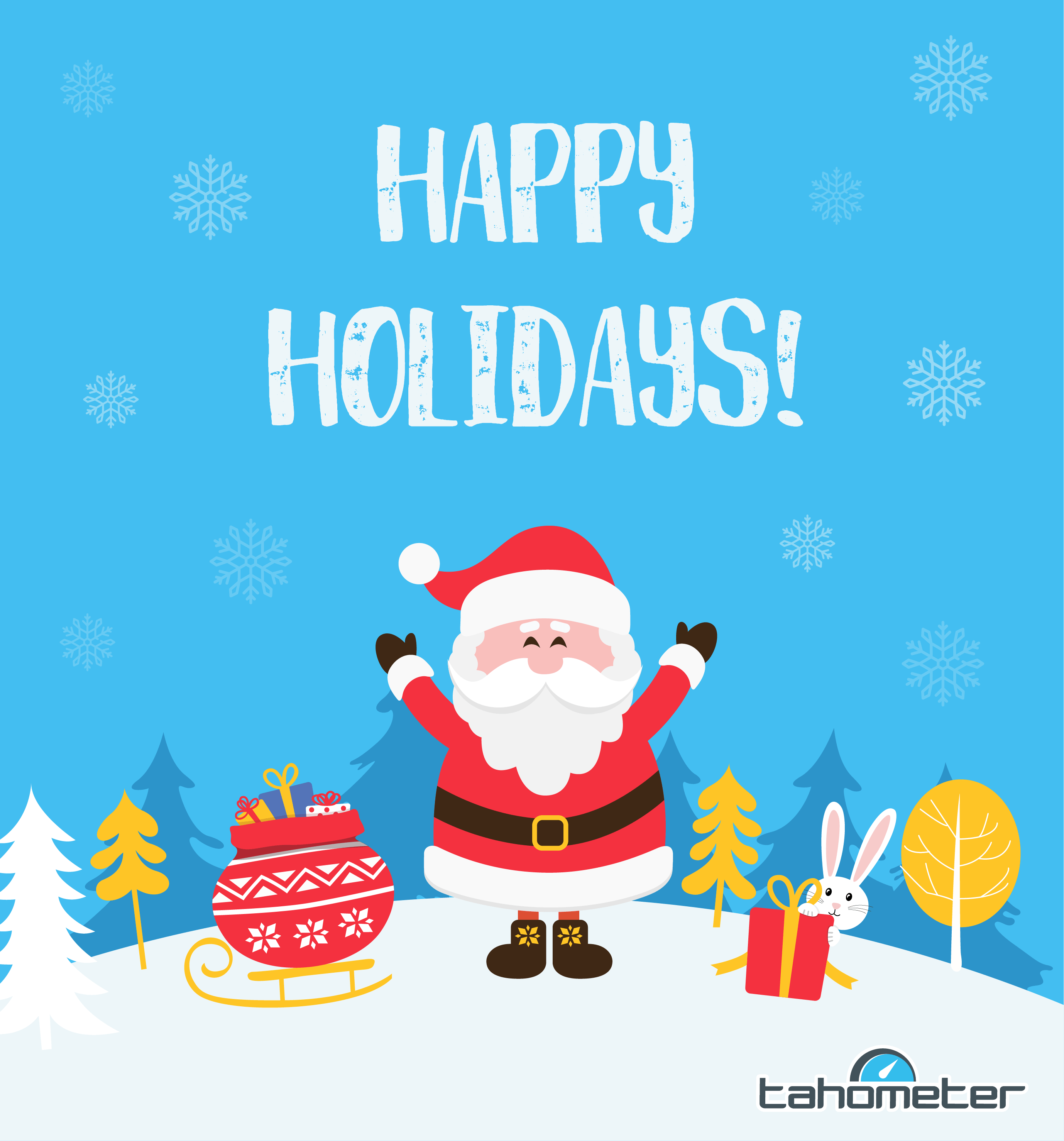 Happy Holidays greeting card with cheerful Santa surrounded by gifts, sleigh, trees, and snowflakes on blue background.