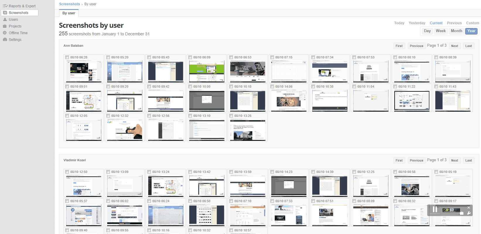 Screenshots organized by user showing 255 captured screens from January 1 to December 31.
