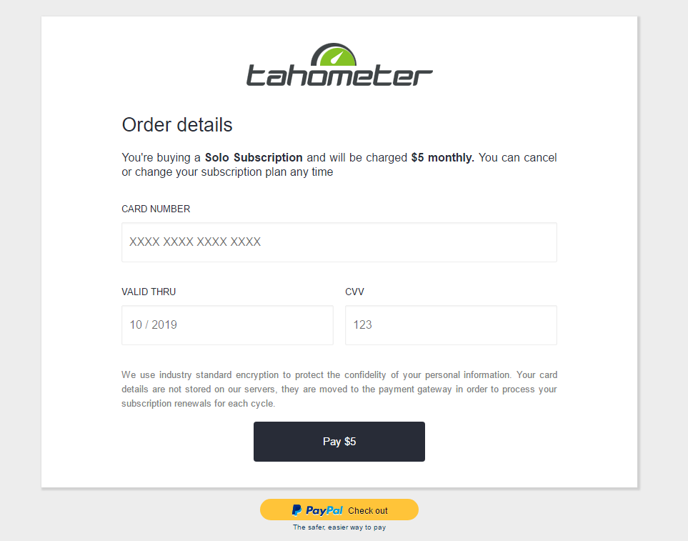 Tahometer subscription payment form showing card details fields and $5 monthly billing information.