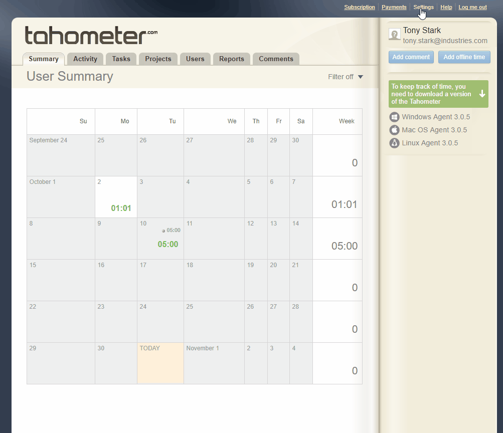 Tahometer time tracking calendar showing October 2024 with logged hours and today marked as October 31.