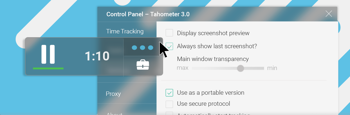 Tahometer 3.0 control panel showing time tracking at 1:10 with settings options for screenshot preview and transparency.