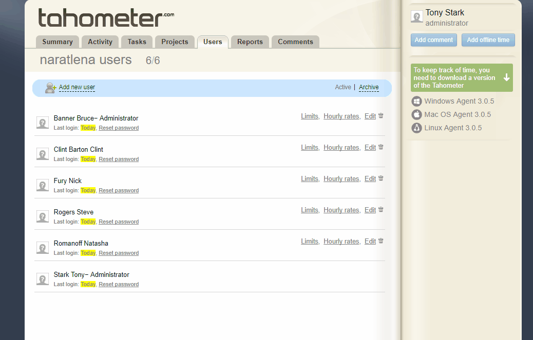 Tahometer user management interface showing 6 active users with login timestamps and administrative options.